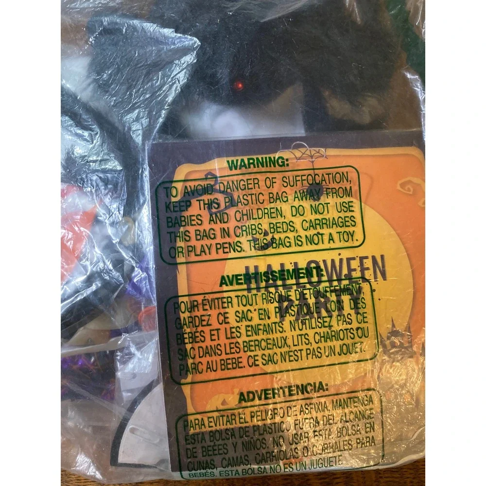 Halloween Decor Bundle Fuzzy Black Spider Red Eyes & Foil Bat Paper Fan Accents